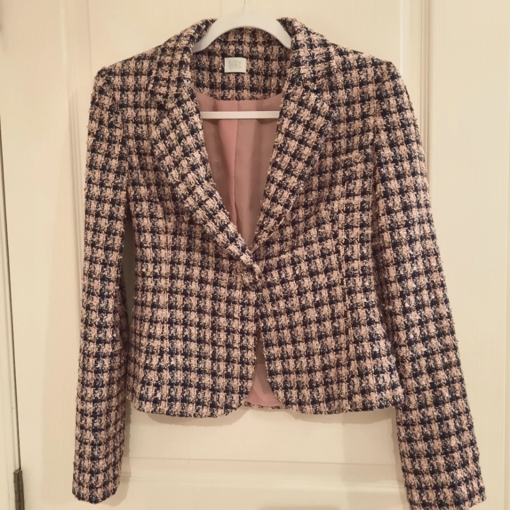 Suzy Shier Pink Short Plaid Blazer Size Small